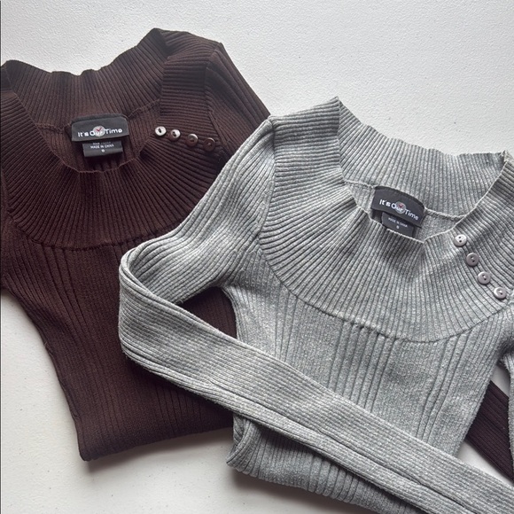 It's Our Time Sweaters - It's Our Time Cozy Crew Neck Sweaters Gray and Brown